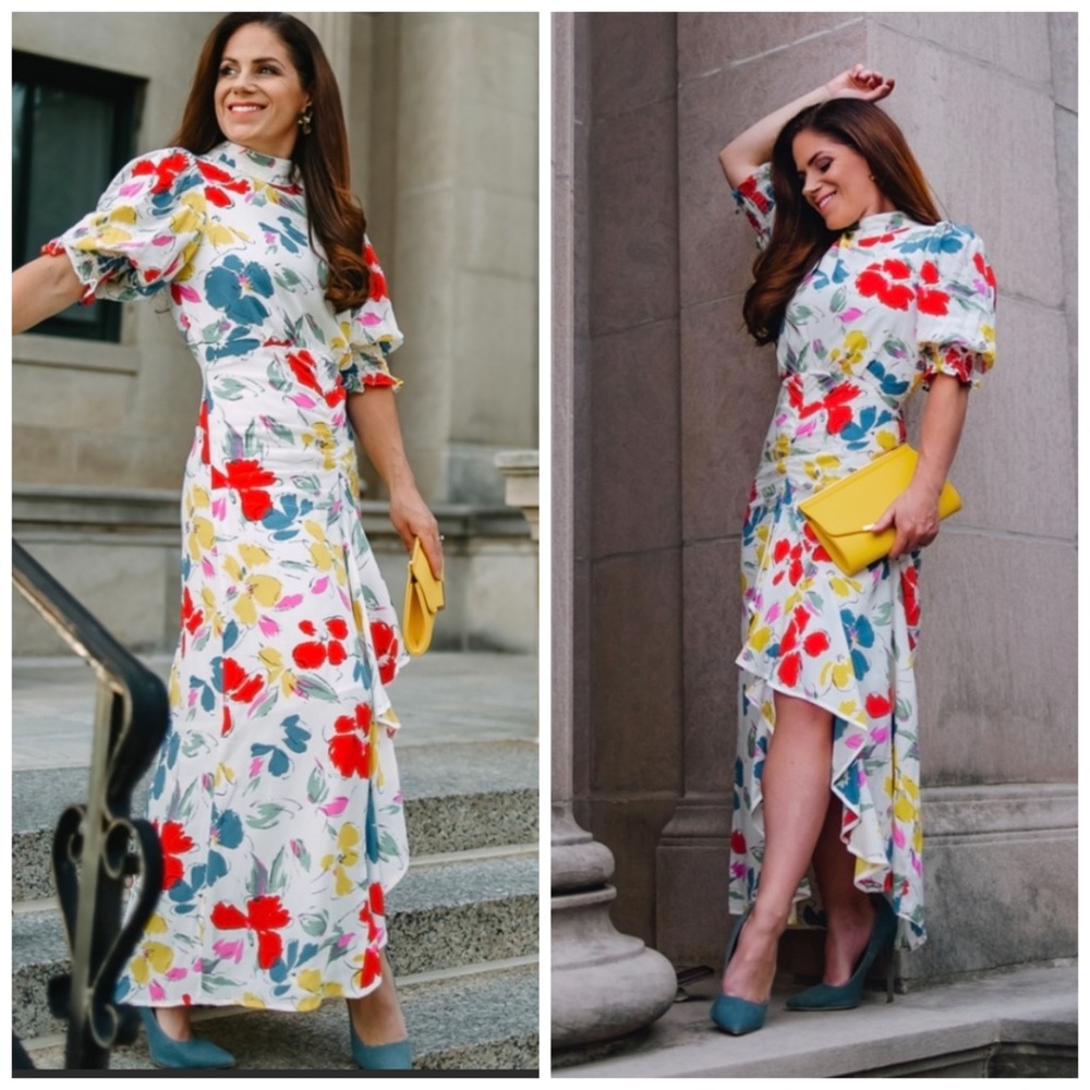 RIXO White Floral Mock Neck Ruffle Dress 12